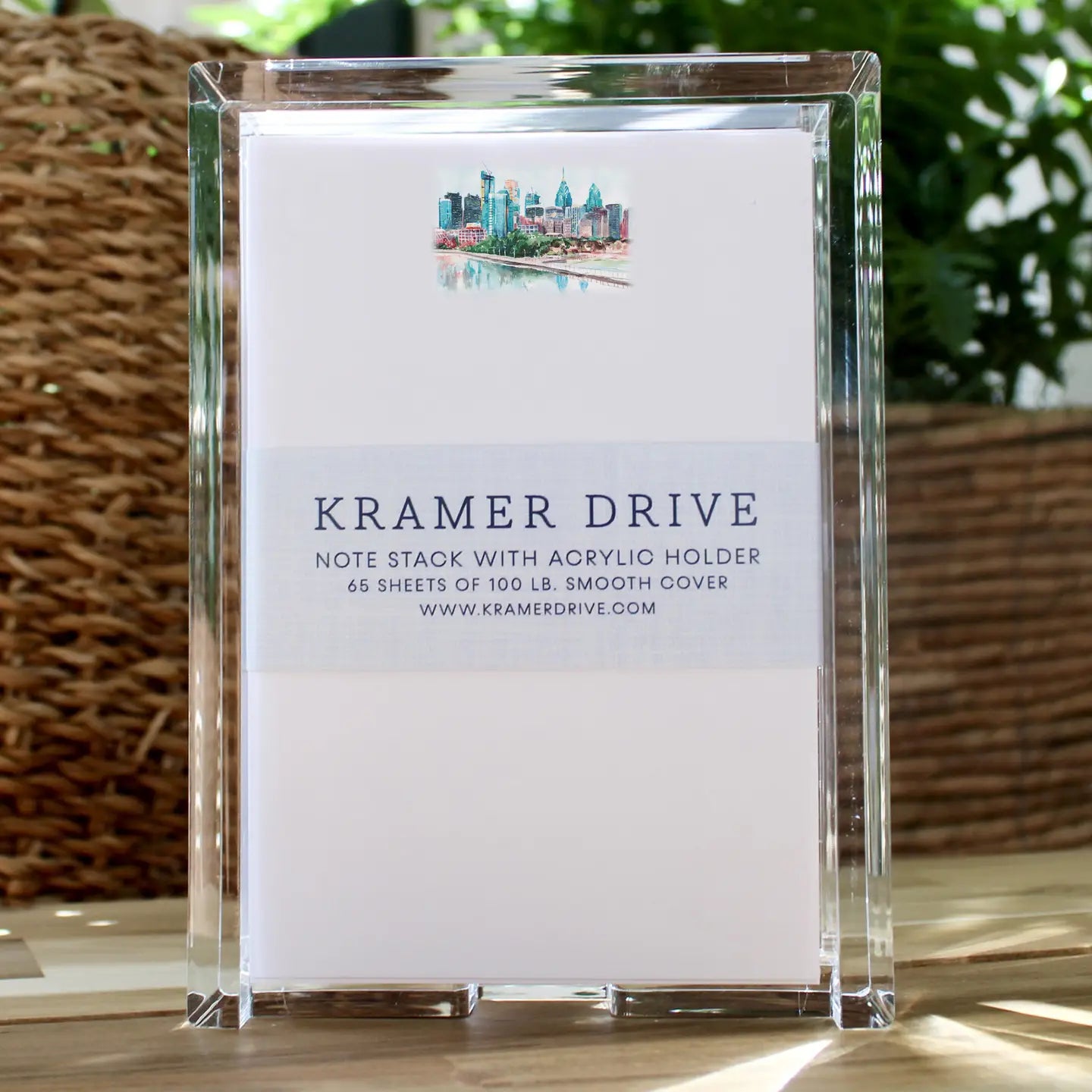 Kramer Drive Philadelphia Skyline Note Stack with acrylic holder, 65 sheets of smooth cover paper