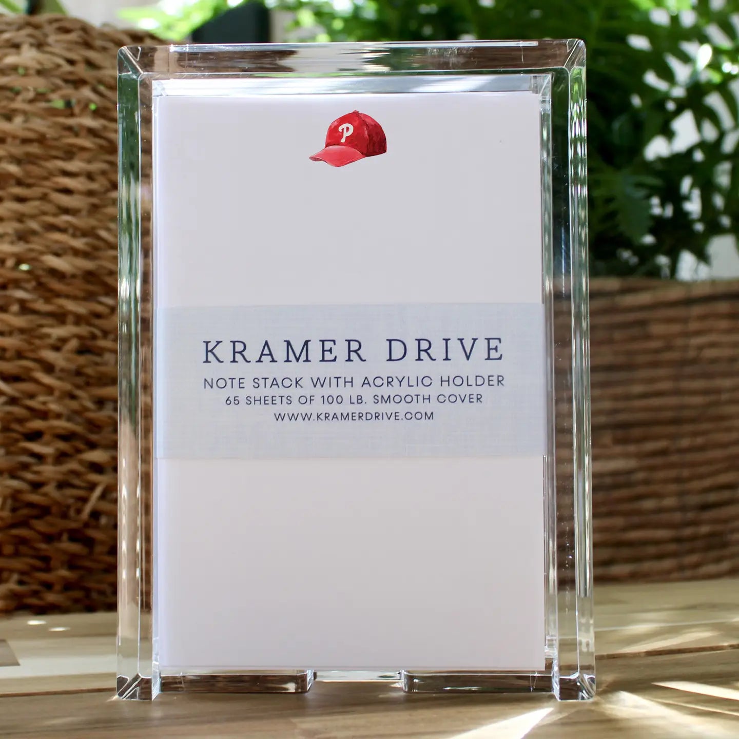 Philadelphia Phillies red baseball cap logo on white note stack with clear acrylic holder packaging Main image