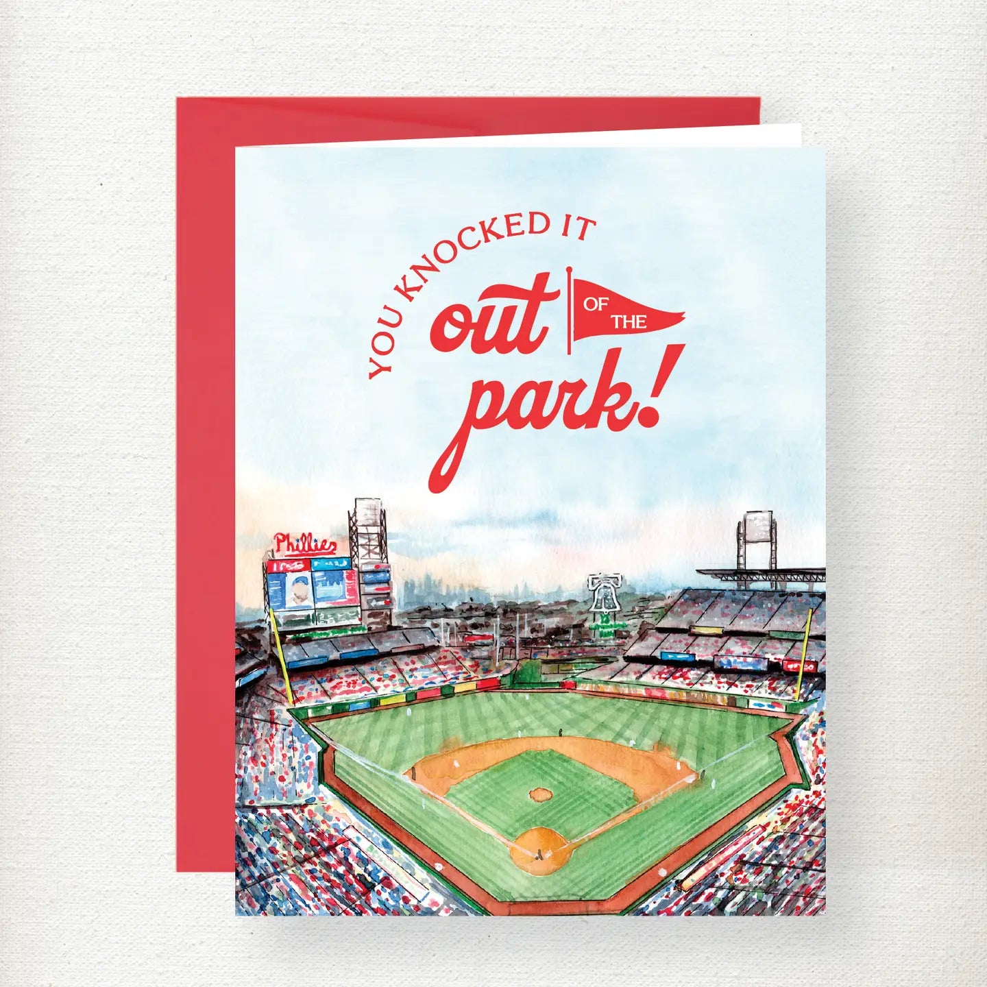 Phillies baseball stadium greeting card with red text reading 'You knocked it out of the park' and aerial view of Citizens B…