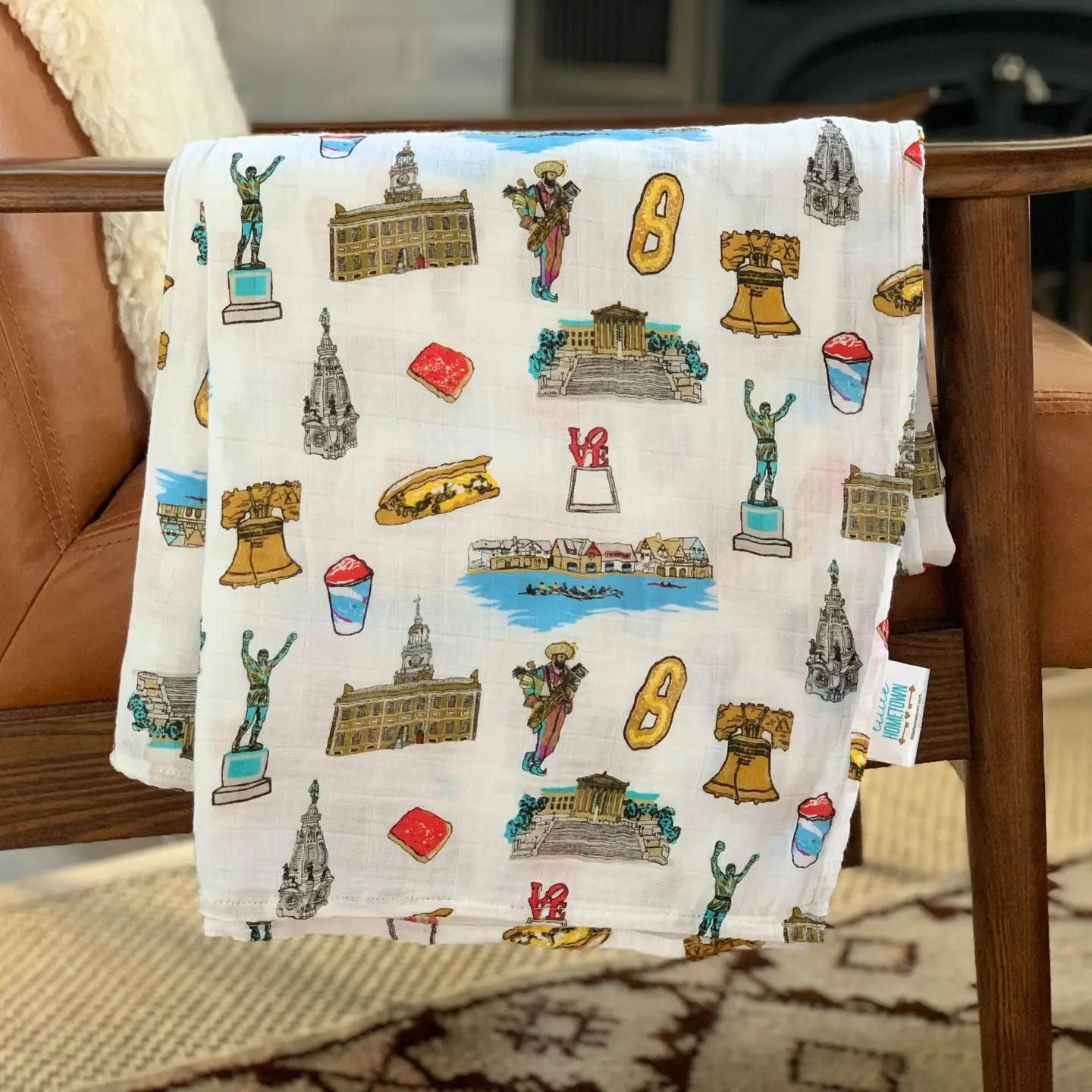 Philadelphia Baby Swaddle Blanket with iconic Philly landmarks including Liberty Bell, LOVE sculpture, Independence Hall, an…