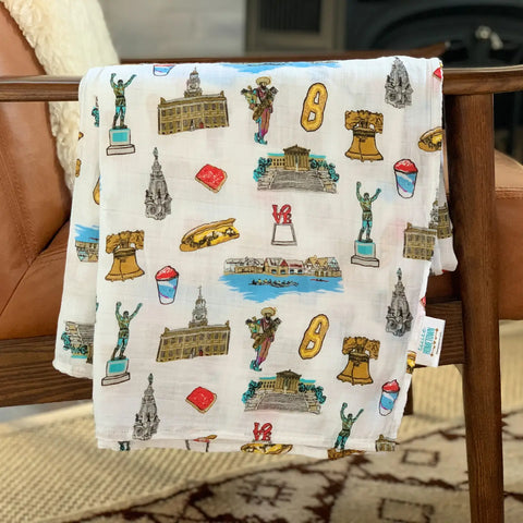 Philadelphia Baby Swaddle Blanket with iconic Philly landmarks including Liberty Bell, LOVE sculpture, Independence Hall, an…