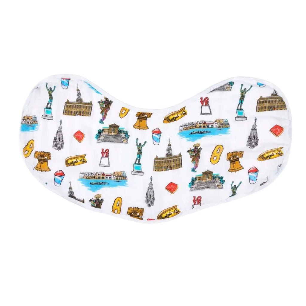 White 2-in-1 burp cloth and bib with colorful Philadelphia landmarks, Liberty Bell, cheese steaks, and Philly icons pattern