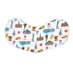 White 2-in-1 burp cloth and bib with colorful Philadelphia landmarks, Liberty Bell, cheese steaks, and Philly icons pattern
