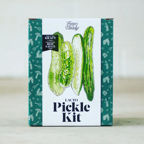 Farm Steady Lacto Pickle Kit box featuring illustrated green cucumbers and text indicating it's great for kraut and fermente…