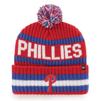 Red, white and blue striped Philadelphia Phillies knit beanie with pom-pom and embroidered P logo