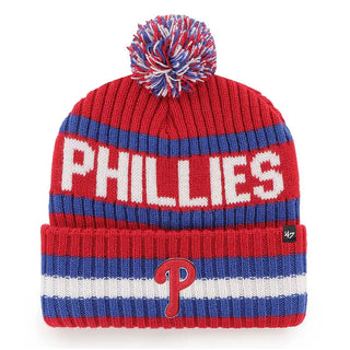 Red, white and blue striped Philadelphia Phillies knit beanie with pom-pom and embroidered P logo
