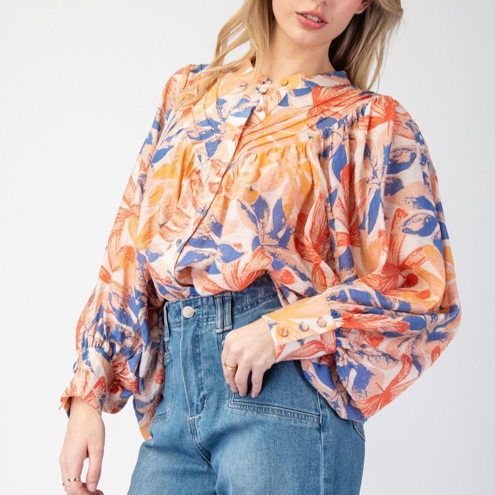 Printed Bubble Sleeve Blouse