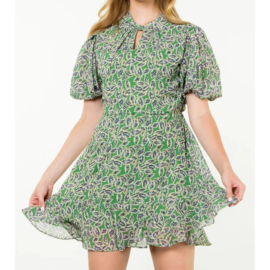 THML Puff Sleeve Midi Print Dress