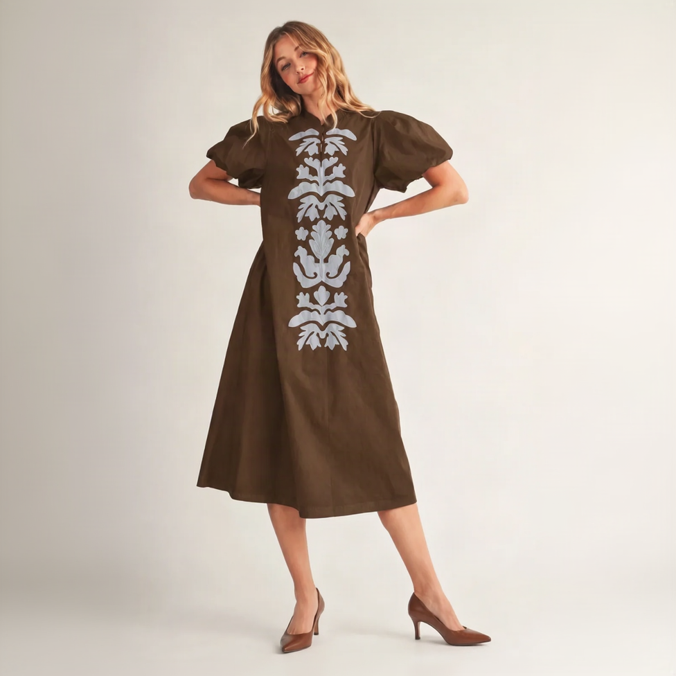 Floral Embroidered Puff Sleeve Midi Dress