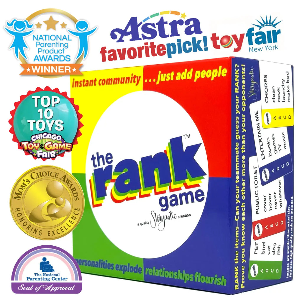 The Rank Game board game box featuring colorful award badges and tagline 'instant community, just add people'