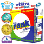 The Rank Game board game box featuring colorful award badges and tagline 'instant community, just add people'