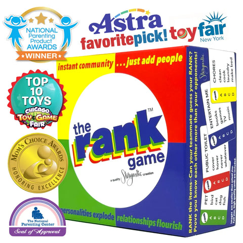 The Rank Game board game box featuring colorful award badges and tagline 'instant community, just add people'