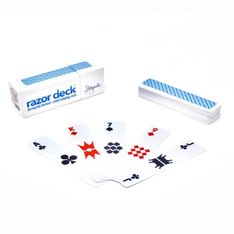 Razor Deck playing cards displayed with box and fanned cards showing custom suit symbols in blue, red, and black