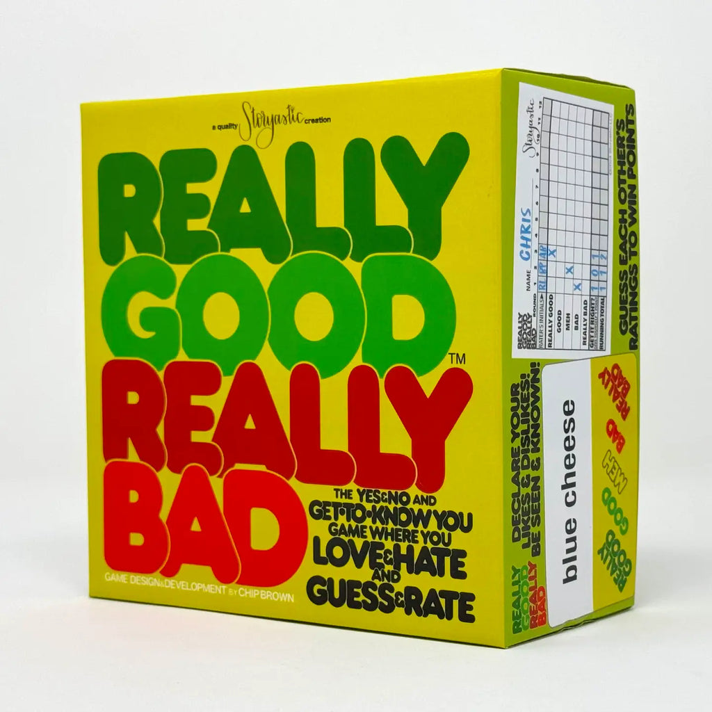 Really Good Really Bad board game box with yellow background, green and red text, showing game title and blue cheese rating …