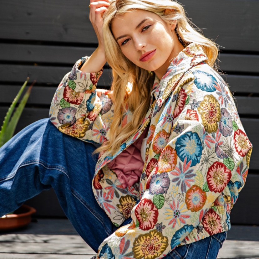 Retro Floral Print Cropped Jacket