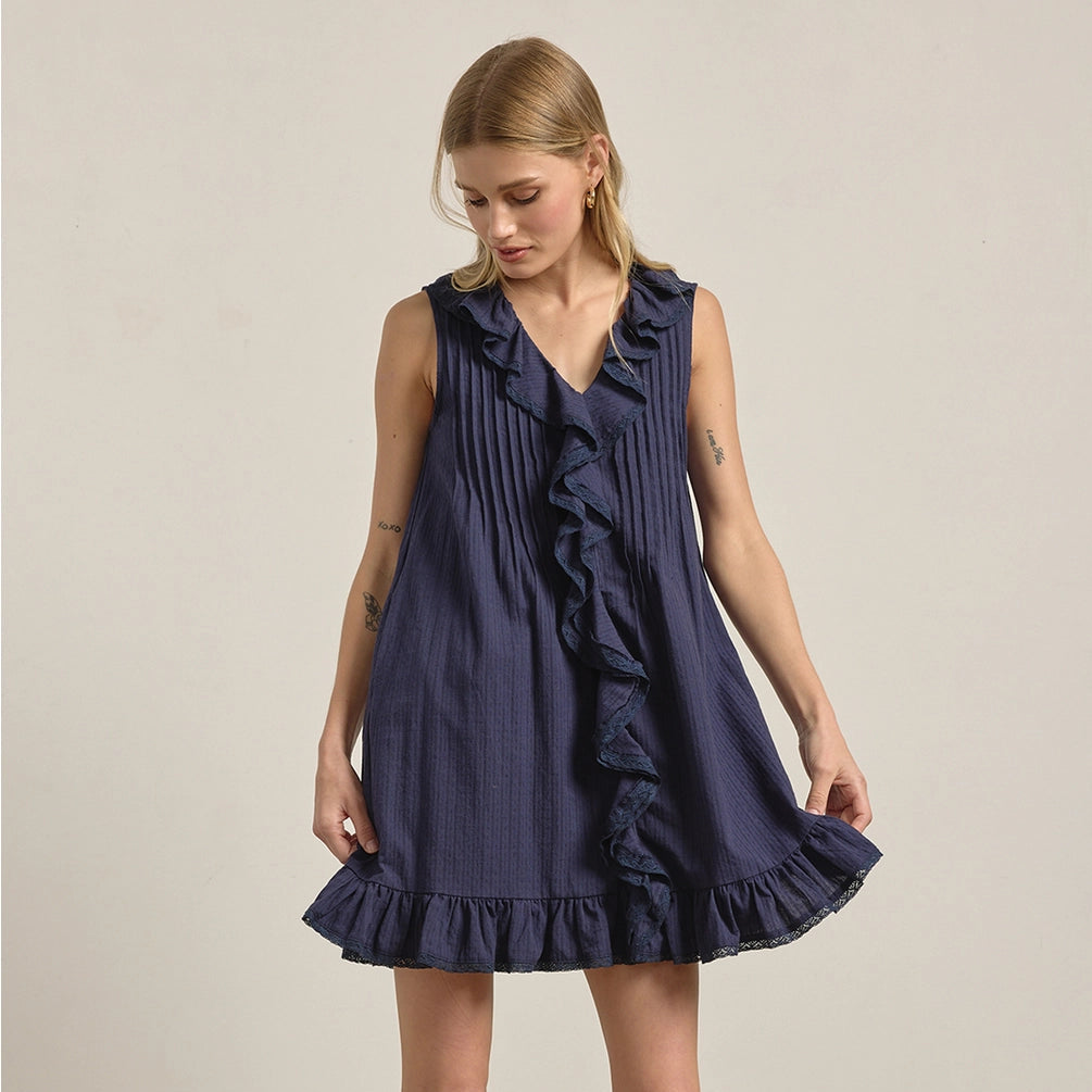 Ruffle Trim Pintuck Dress