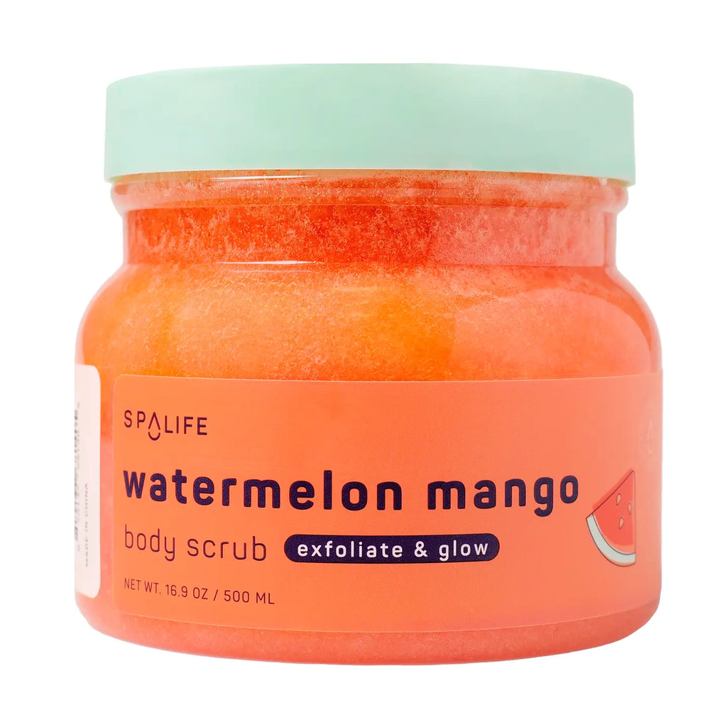 Watermelon Mango body scrub jar with mint green lid, 500ml exfoliating and glow formula