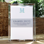 Light blue and green monogrammed M note stack with acrylic holder containing 65 sheets of smooth cover paper