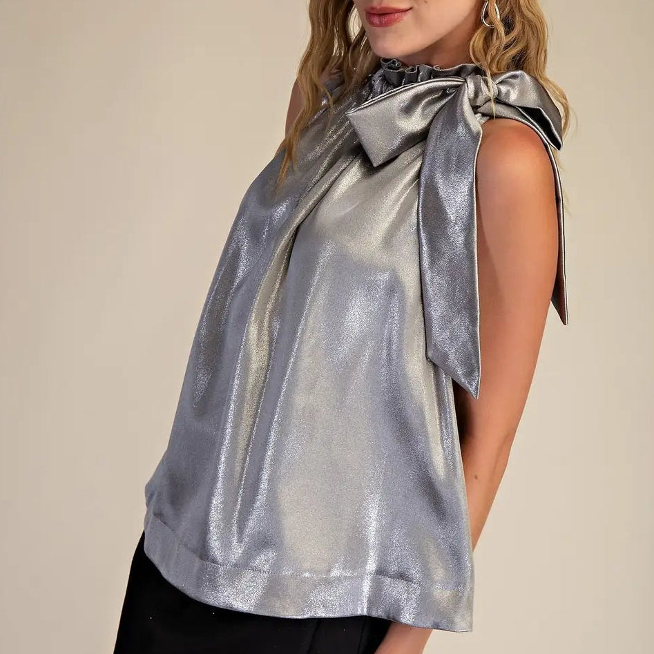 Silver Ruffle Neck Tie Sleeveless Top