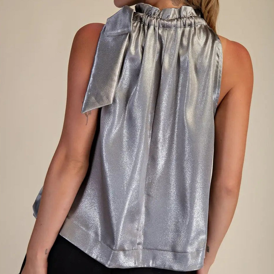 Silver Ruffle Neck Tie Sleeveless Top