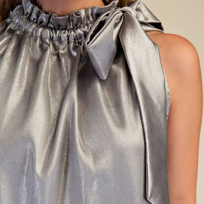 Silver Ruffle Neck Tie Sleeveless Top