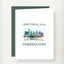 Greetings from Philadelphia skyline greeting card featuring watercolor illustration of iconic buildings and river with green…