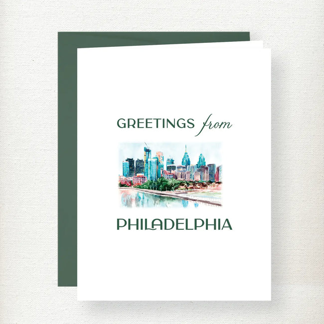Greetings from Philadelphia skyline greeting card featuring watercolor illustration of iconic buildings and river with green… Main image