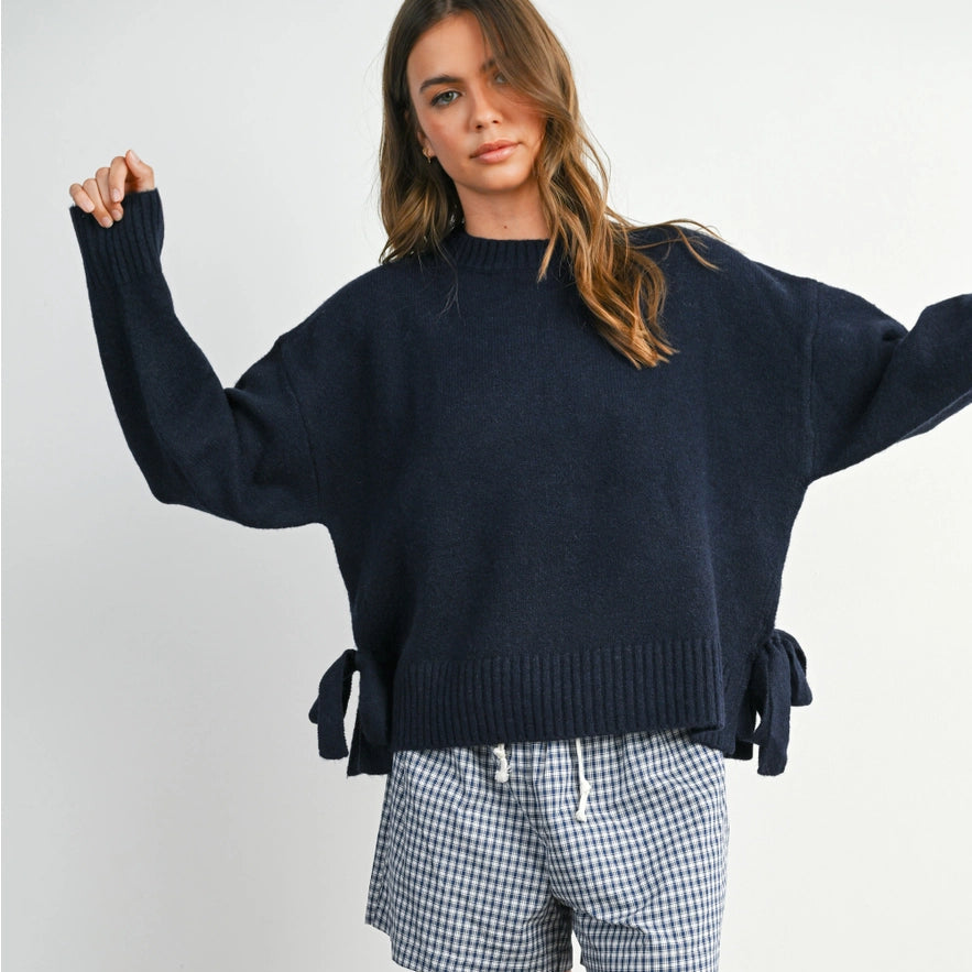 Tie Split-Hem Crewneck Sweater