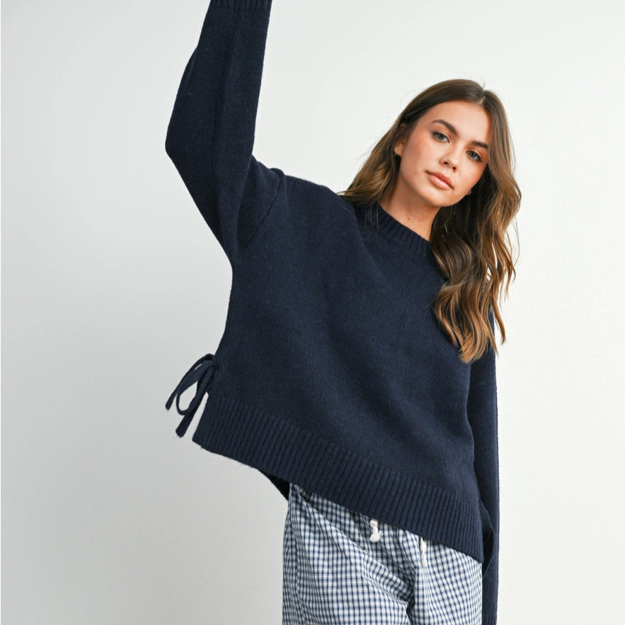 Tie Split-Hem Crewneck Sweater