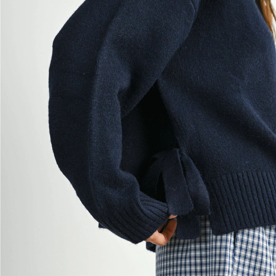 Tie Split-Hem Crewneck Sweater