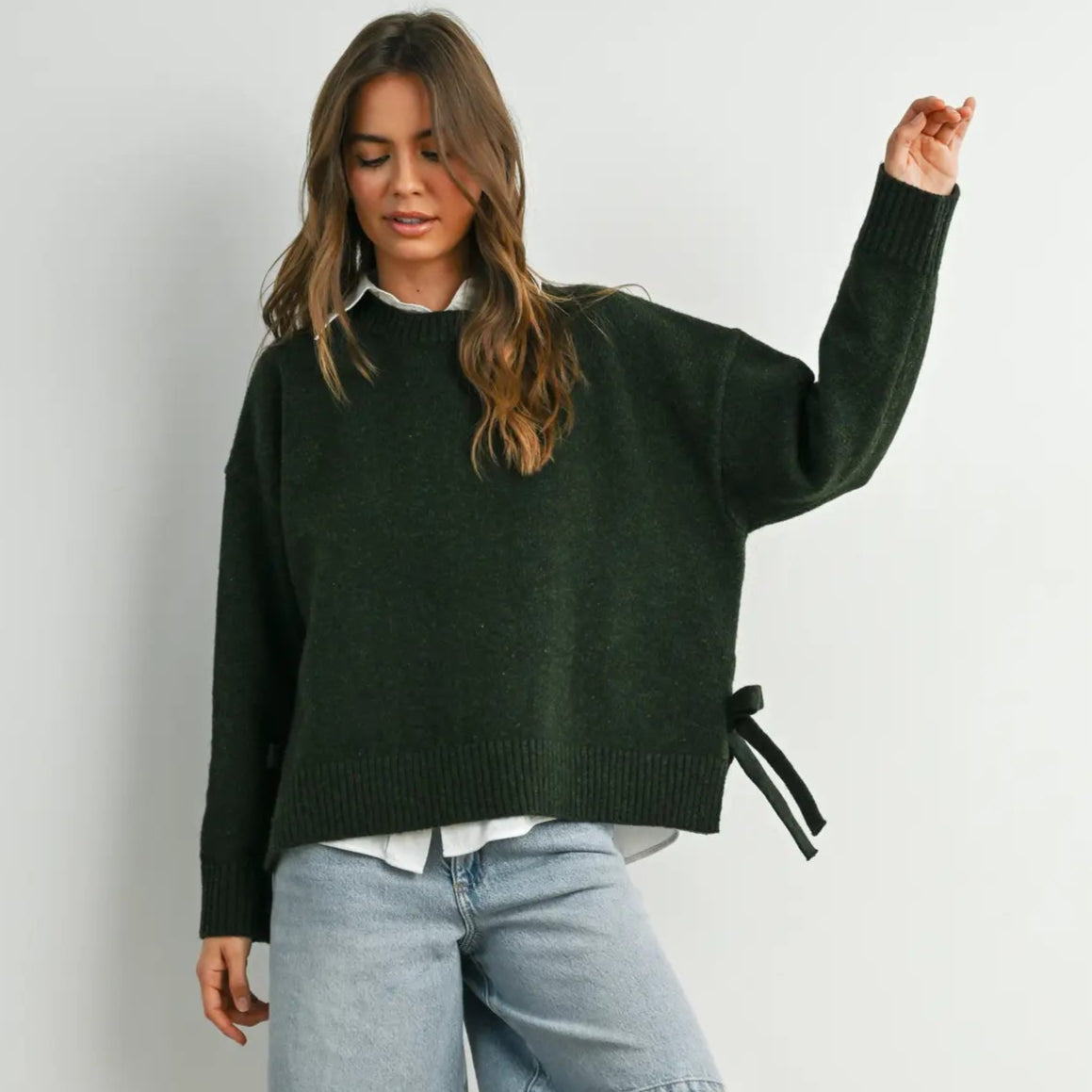 Tie Split-Hem Crewneck Sweater