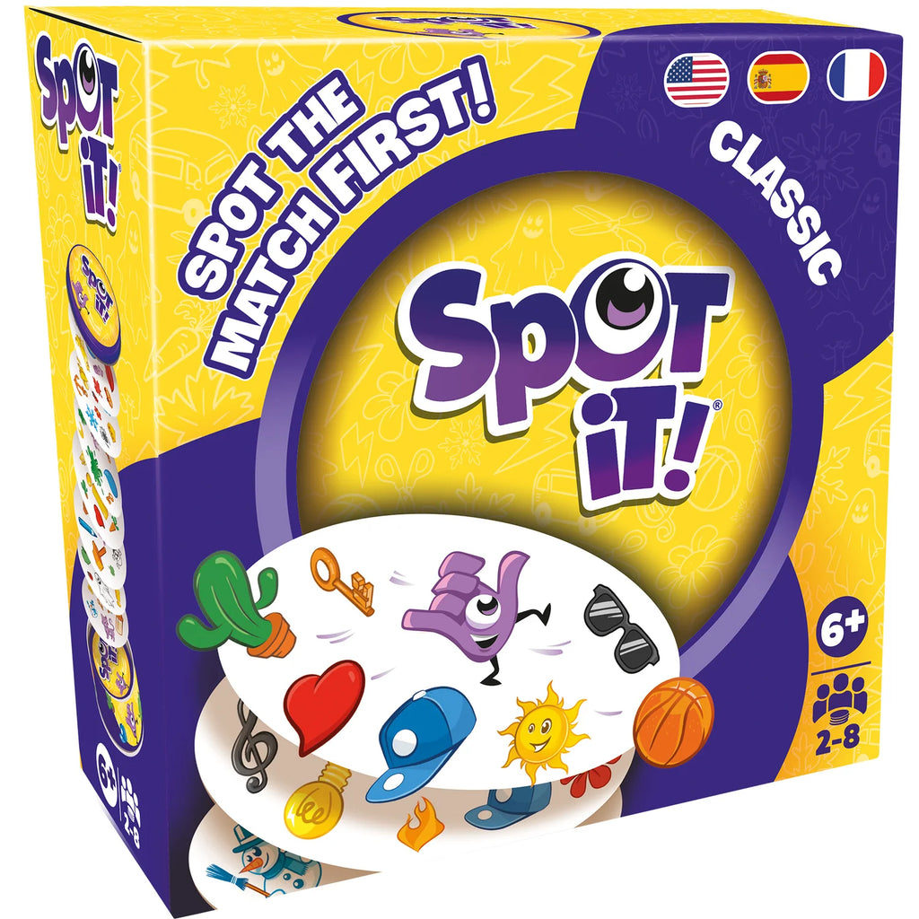 Spot It! Classic card game box with yellow egg-shaped packaging, featuring colorful icons including cactus, heart, music not…
