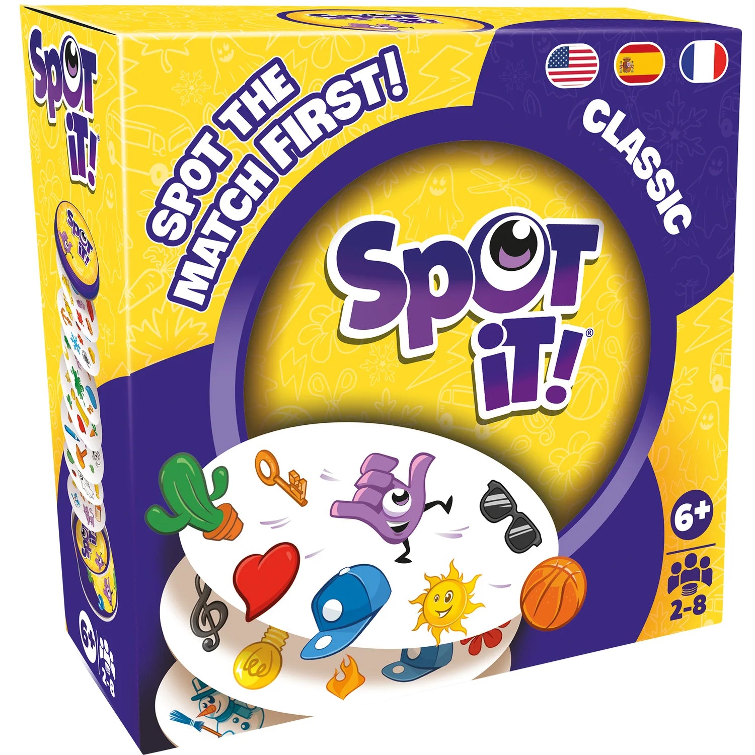 Spot It! Classic card game box with yellow egg-shaped packaging, featuring colorful icons including cactus, heart, music not… Main image