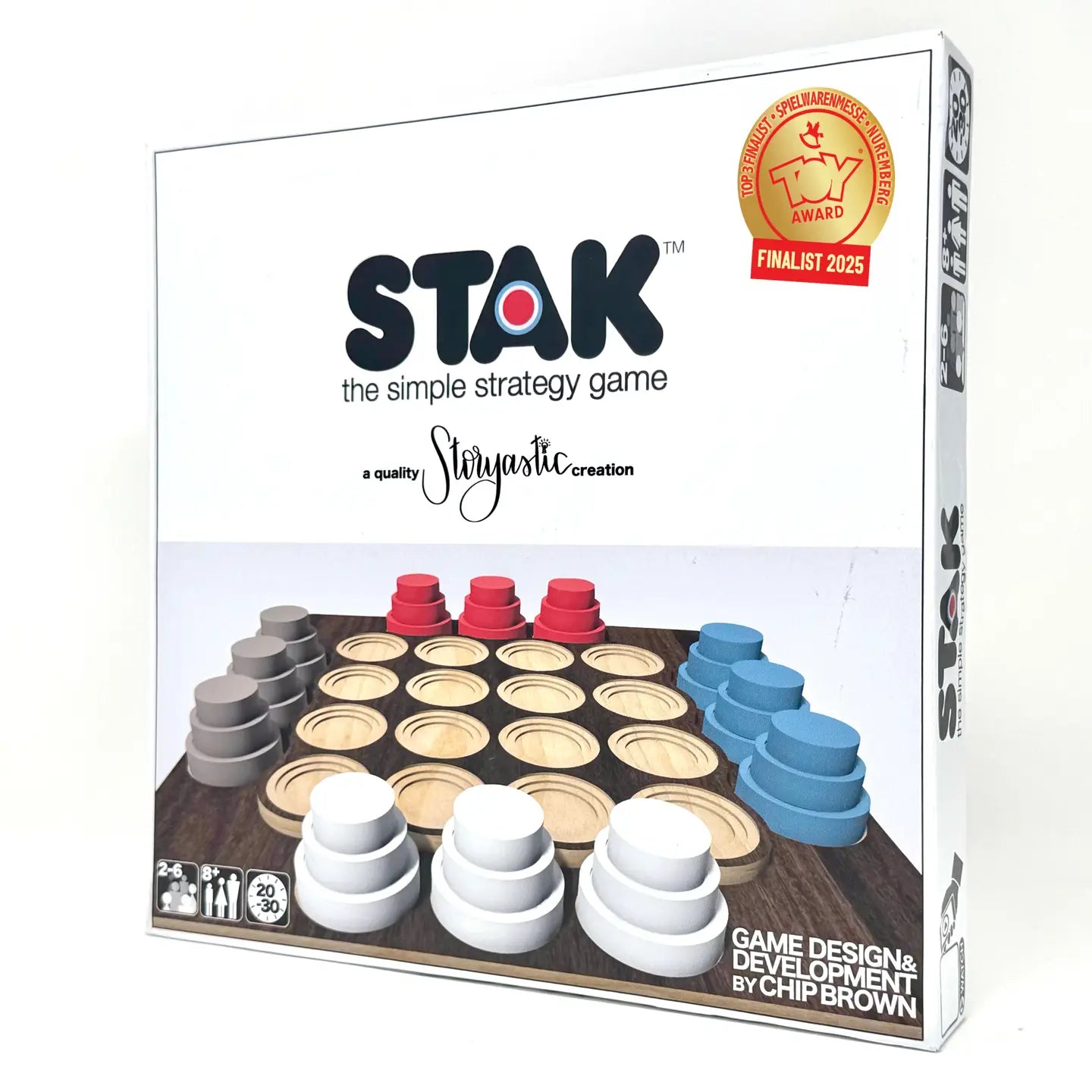STAK strategy board game with stacked pieces in red, blue, white, and gray on wooden game board with cream-colored spaces Main image