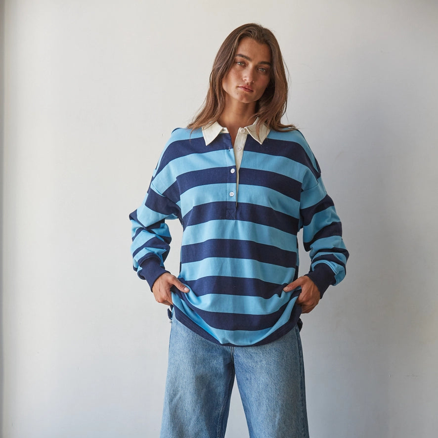 Knit Cotton Striped Collared Rugby Top