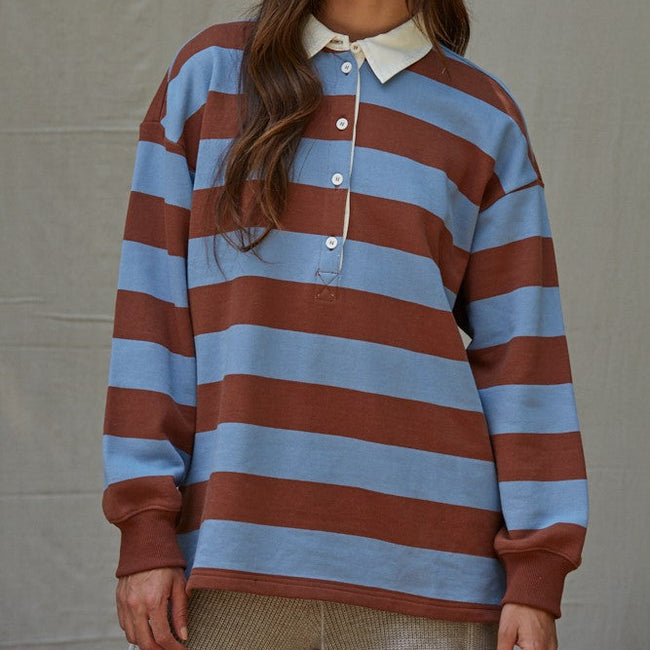 Knit Cotton Striped Collared Rugby Top Main image