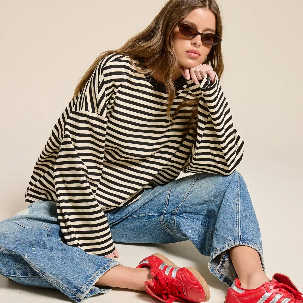 Striped Terry Oversized Long Sleeve Top