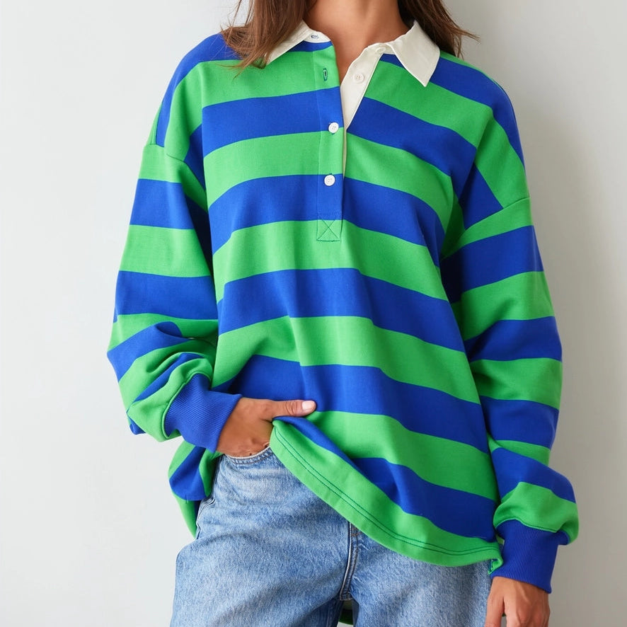 Knit Cotton Striped Collared Rugby Top