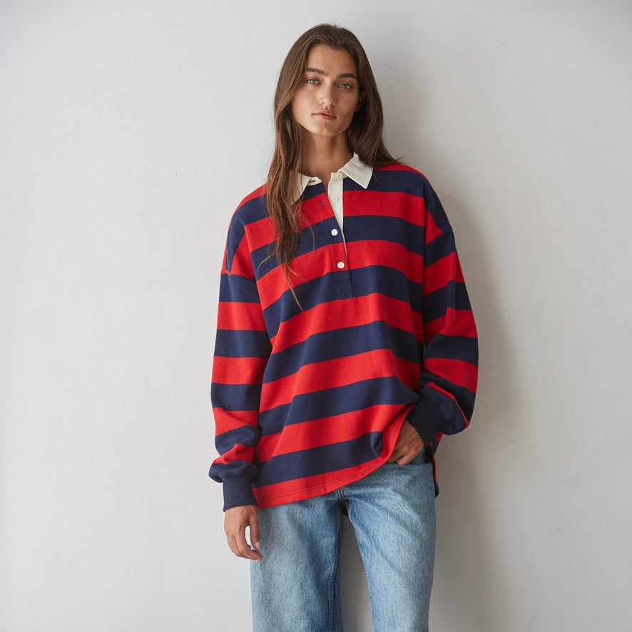 Knit Cotton Striped Collared Rugby Top