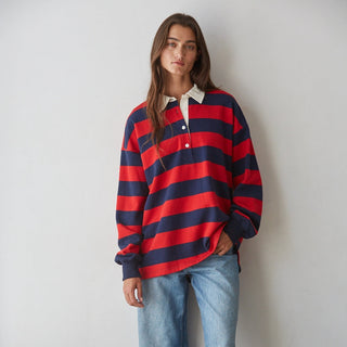 Knit Cotton Striped Collared Rugby Top