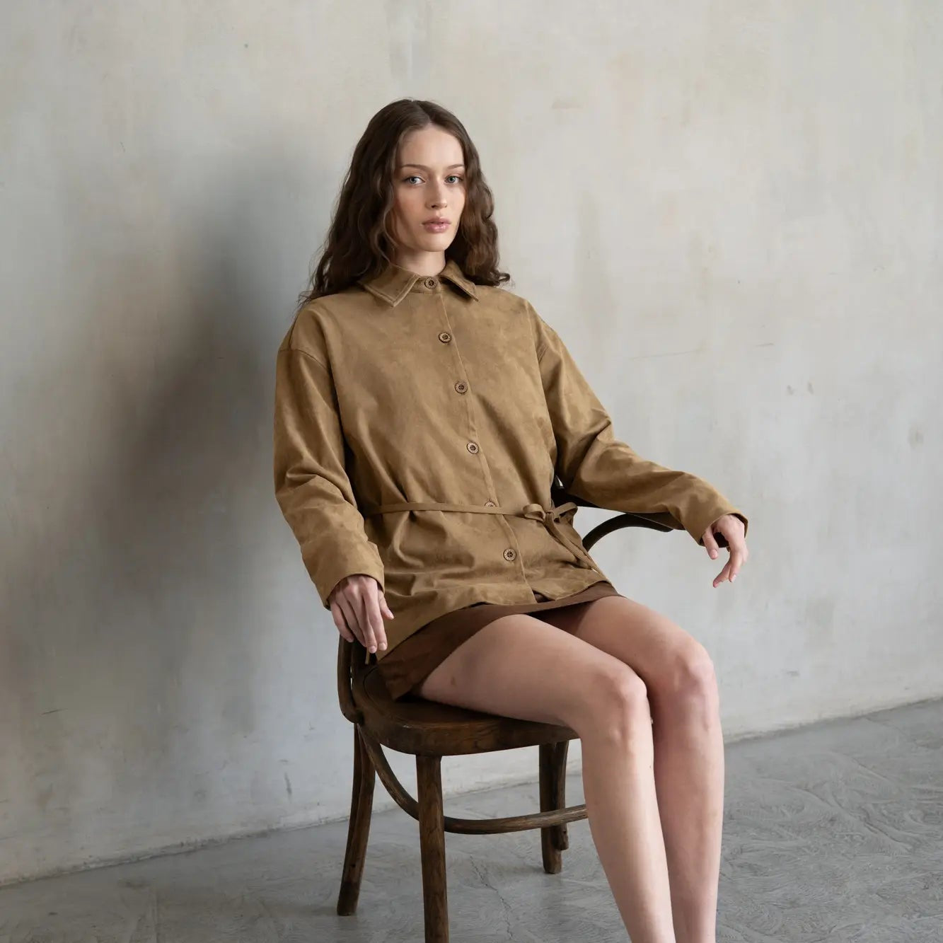 Suede Button-Up Belted Shirt Jacket