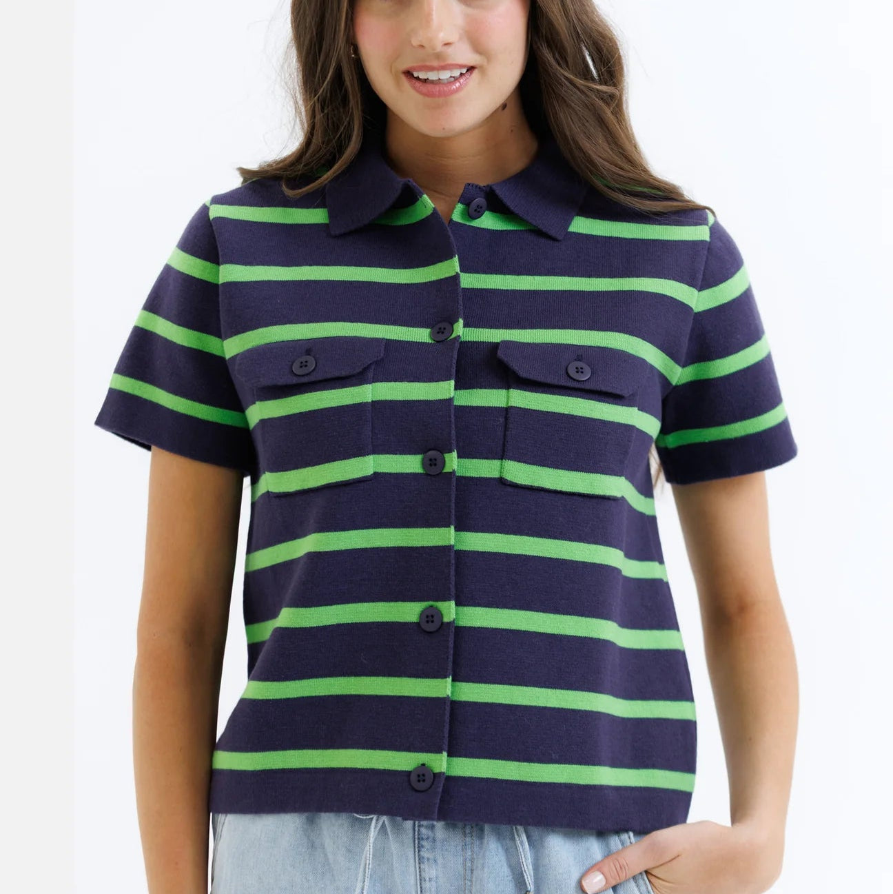 Summer Camp Striped Short Sleeve Collared Cardigan Sweater