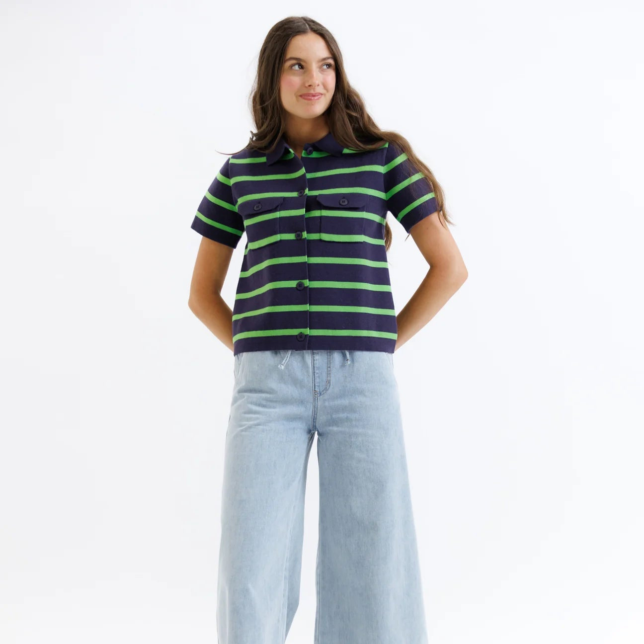 Summer Camp Striped Short Sleeve Collared Cardigan Sweater