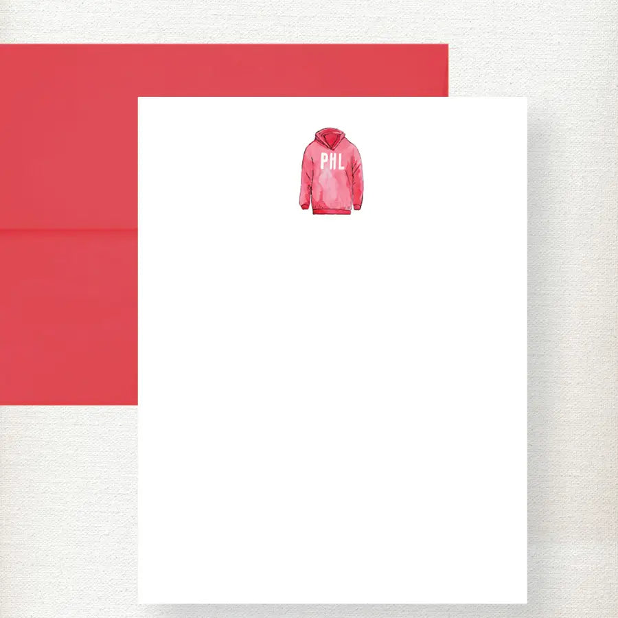 Pink PHL hoodie sweatshirt with white text displayed on white background for note card set