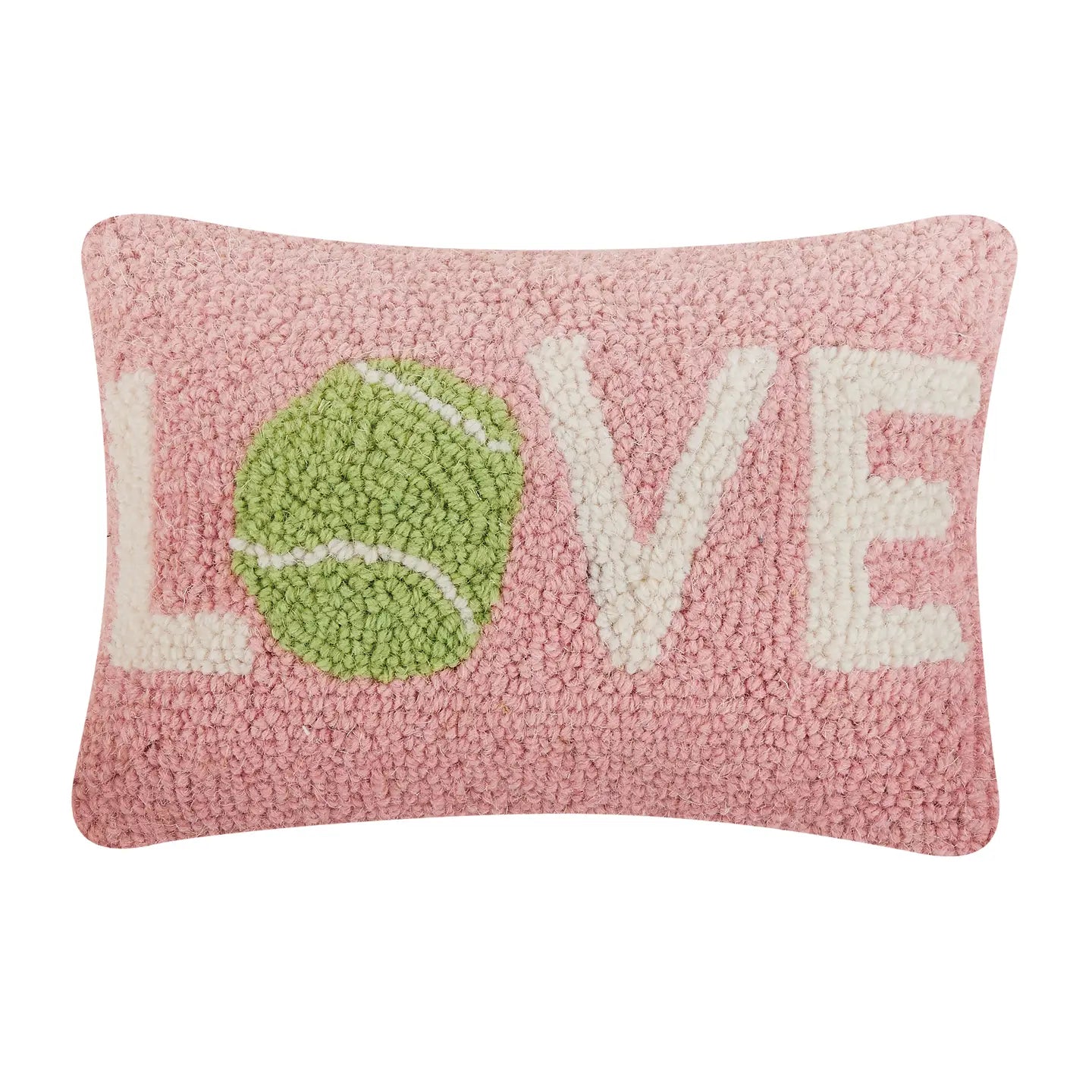 Pink hooked pillow with cream letters spelling LOVE and a green tennis ball in the center