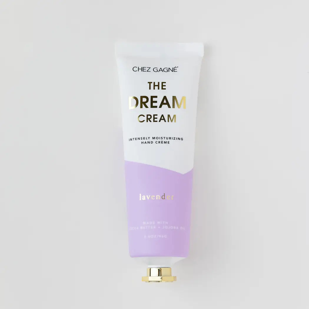 Chez Gagné The Dream Cream Lavender hand crème tube with white and purple gradient packaging and gold accents