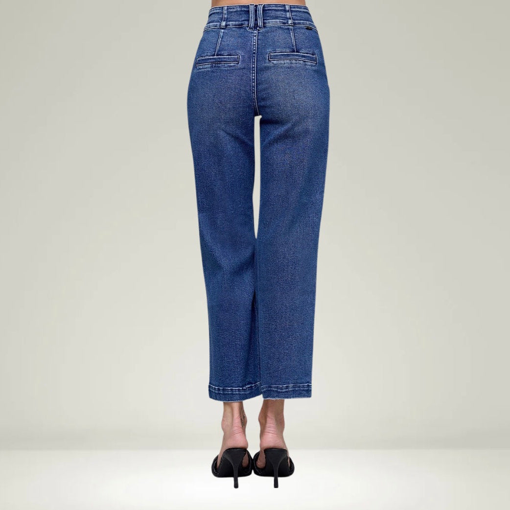 Tummy Control Double Button Cropped Boot Cut Jeans