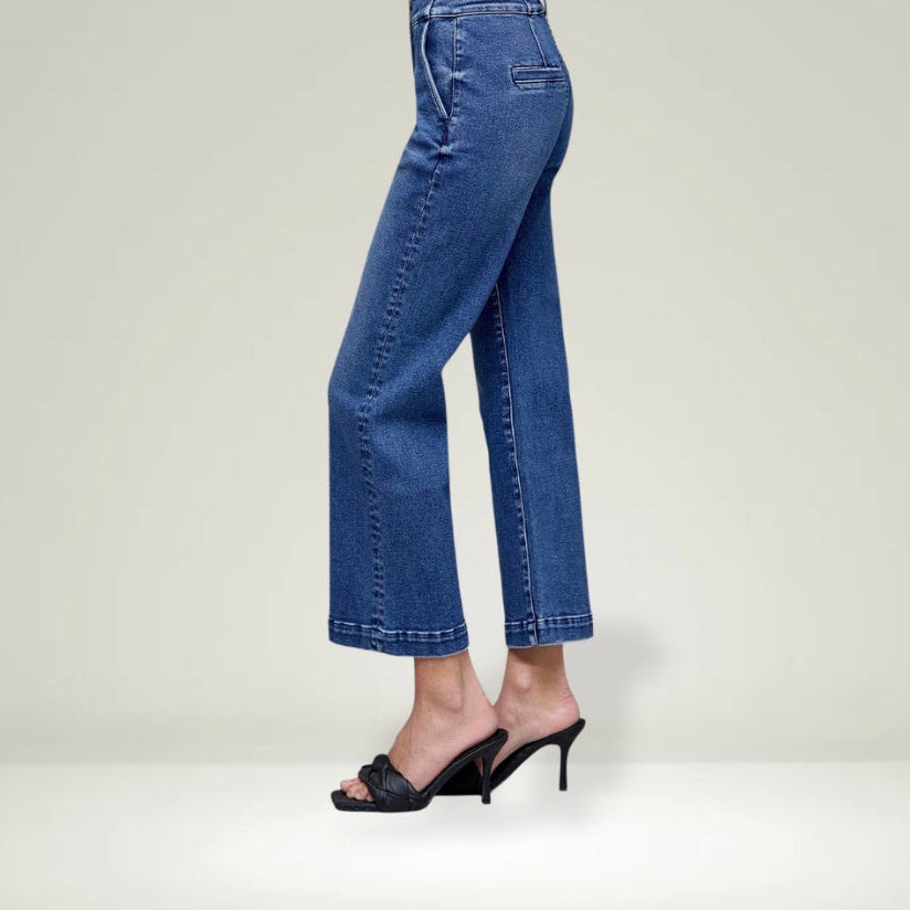Tummy Control Double Button Cropped Boot Cut Jeans