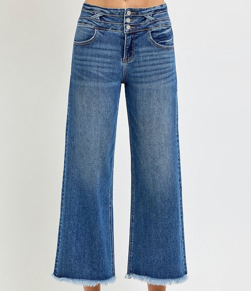 Risen High Rise Cropped Triple Button Detail Jeans