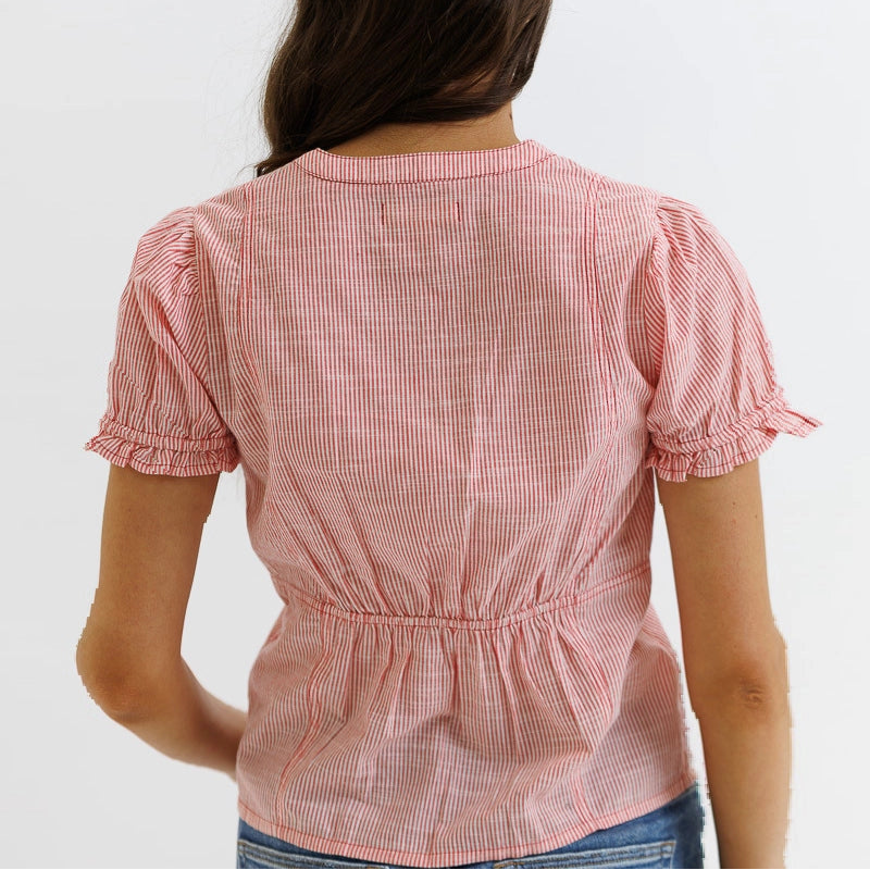Tuxedo Pinstripe Ruffle Top
